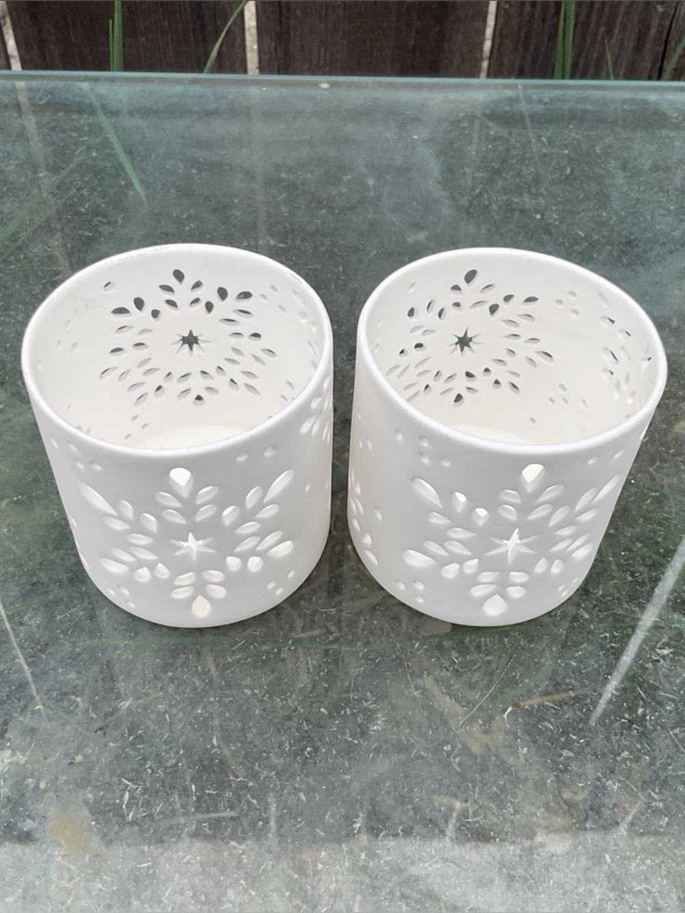 Crate&Barrel White Ceramic Cutout Candle Holders — Pair